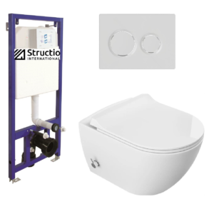 Vorwandelement + Drückerplatte Komplettset Hänge Dusch WC integrierte Warm- und Kaltwasser Armatur SPÜLRANDLOS Taharet Bidet Taharat Intimdusche inkl. Slim Soft-Close Deckel